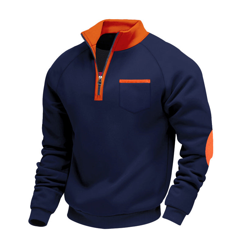 Foreign Trade Cross-border American Men's fleece-lined Heavy-duty Warm Zipper Vertical Collar Personalized Patch Men's Casual Long-sleeved Sweater