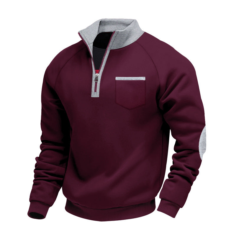 Foreign Trade Cross-border American Men's fleece-lined Heavy-duty Warm Zipper Vertical Collar Personalized Patch Men's Casual Long-sleeved Sweater
