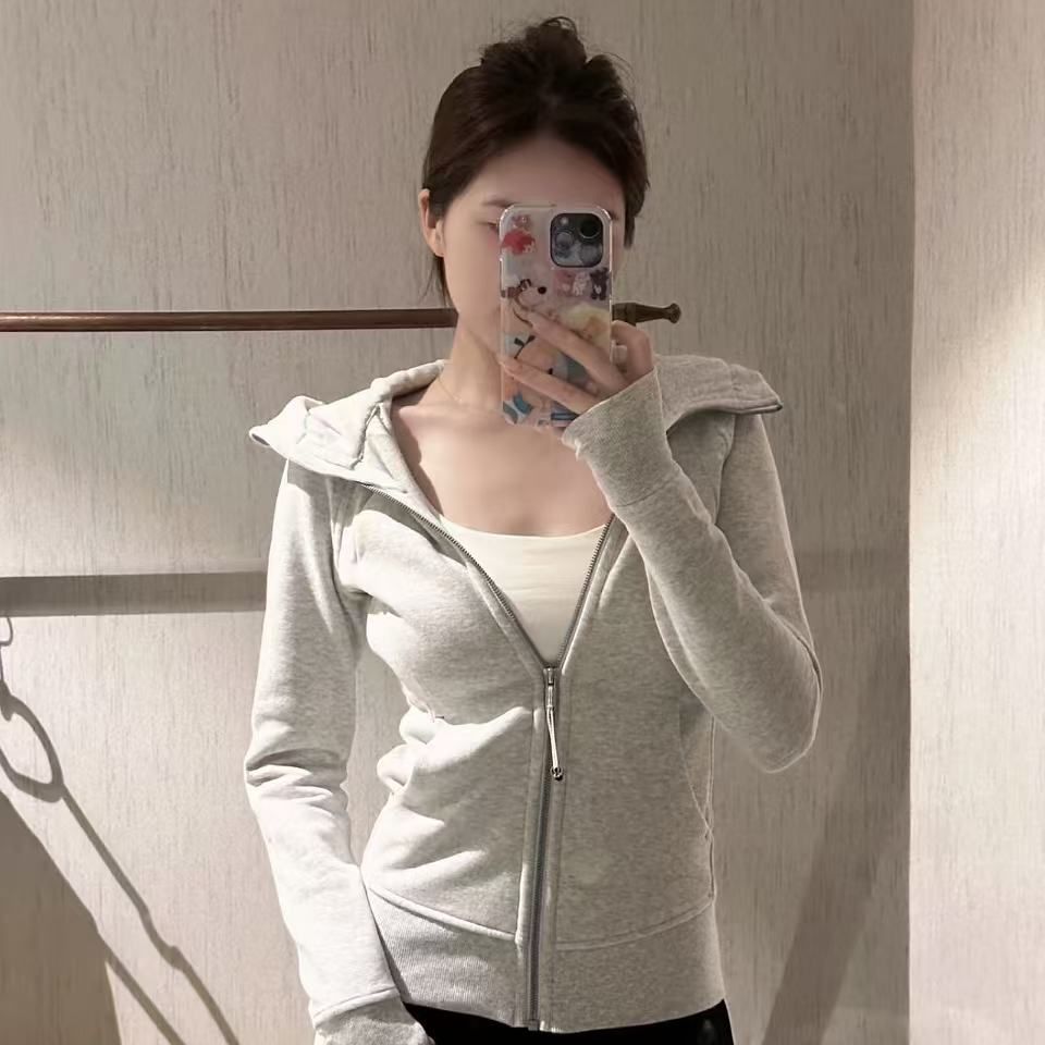 Women's Slim-Fit Fleece Hoodie Sports Fitness Cardigan Slimming Jacket Dopamine Korean Style Top Zipper Versatile Trendy