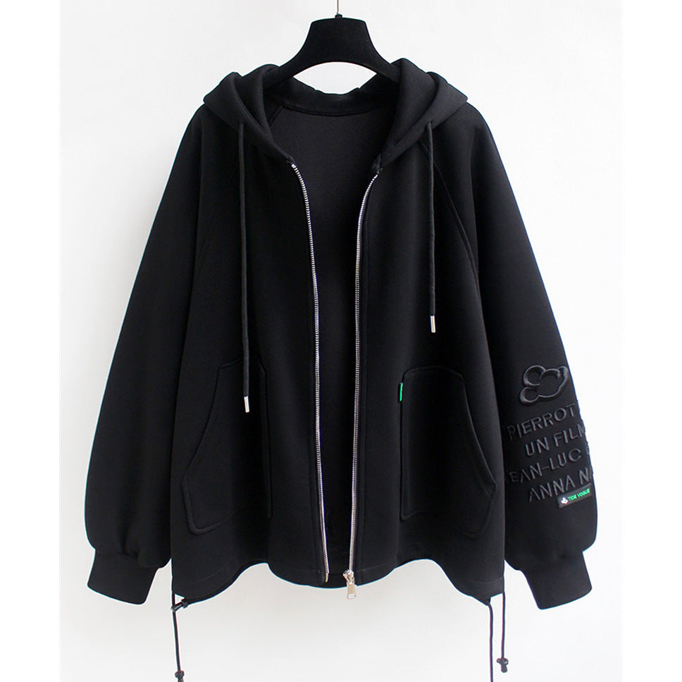 Autumn and Winter New Hooded Cardigan Zipper Sweatshirt Women's Loose Mid-Length Thin Velvet Top Jacket