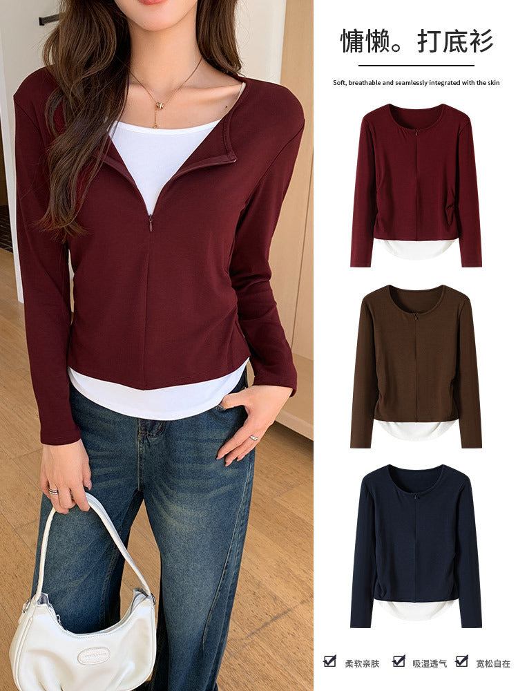 H401 Spot Autum New Invisible Zipper Fake Two-Piece Long-Sleeved T-Shirt Women's Casual Pleated Bottoming Shirt Top