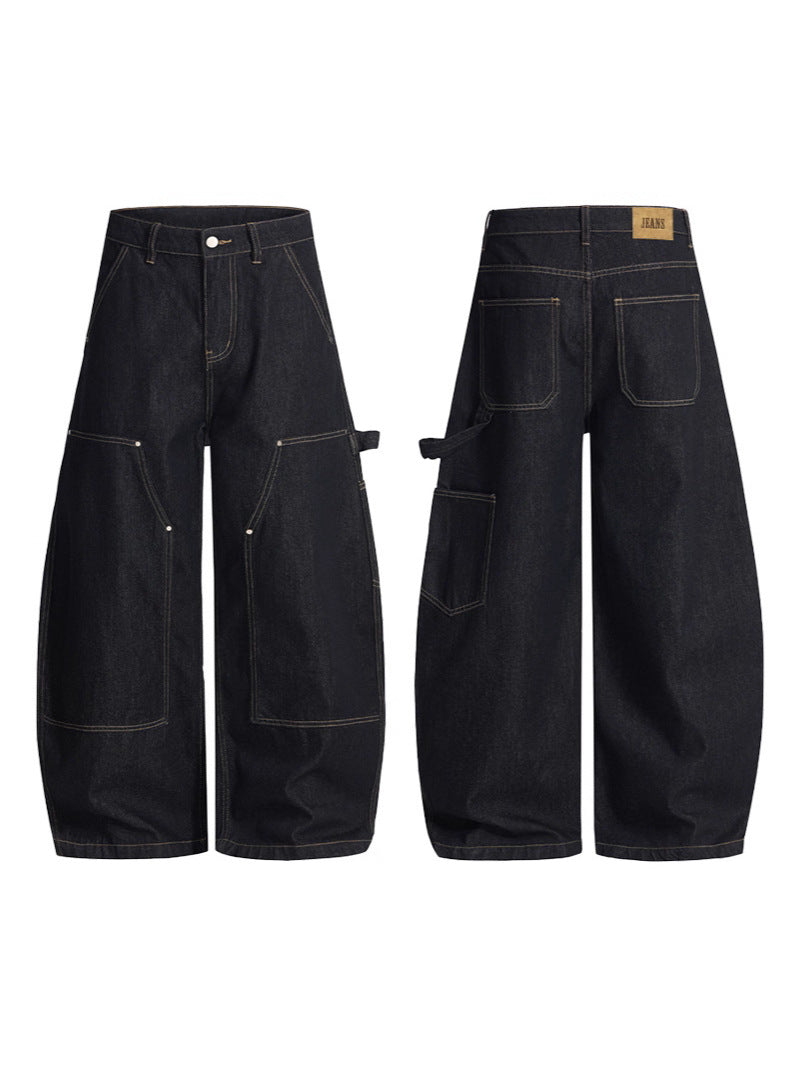 Lktm Men's Clothing Retro Street Original Cow Black Patch Logging Cargo Pants Men's and Women's Baggy Silhouette Scimitar Jeans