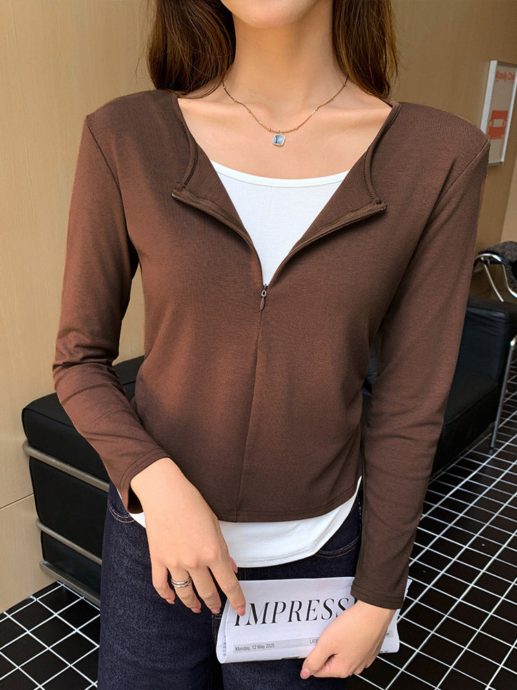 H401 Spot Autum New Invisible Zipper Fake Two-Piece Long-Sleeved T-Shirt Women's Casual Pleated Bottoming Shirt Top