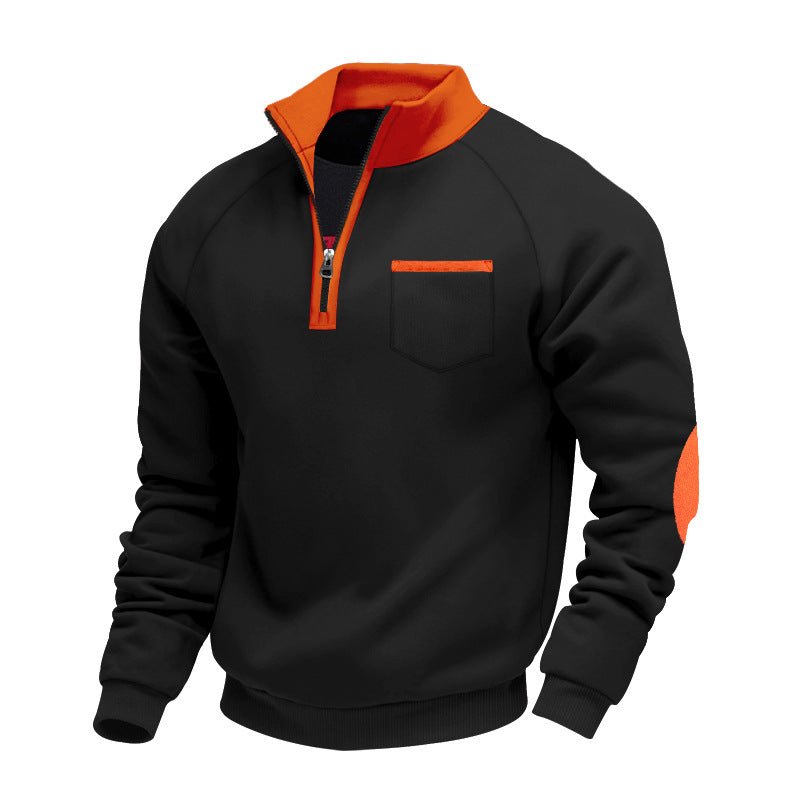 Foreign Trade Cross-border American Men's fleece-lined Heavy-duty Warm Zipper Vertical Collar Personalized Patch Men's Casual Long-sleeved Sweater
