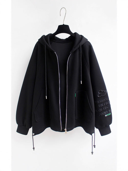 Autumn and Winter New Hooded Cardigan Zipper Sweatshirt Women's Loose Mid-Length Thin Velvet Top Jacket