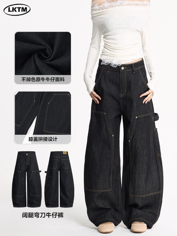 Lktm Men's Clothing Retro Street Original Cow Black Patch Logging Cargo Pants Men's and Women's Baggy Silhouette Scimitar Jeans