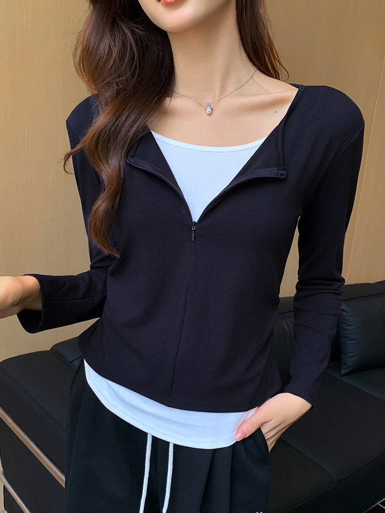 H401 Spot Autum New Invisible Zipper Fake Two-Piece Long-Sleeved T-Shirt Women's Casual Pleated Bottoming Shirt Top
