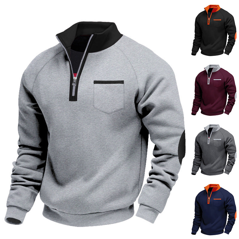 Foreign Trade Cross-border American Men's fleece-lined Heavy-duty Warm Zipper Vertical Collar Personalized Patch Men's Casual Long-sleeved Sweater