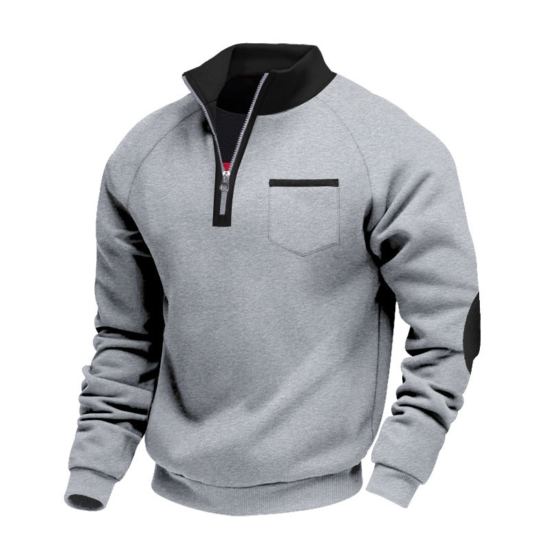 Foreign Trade Cross-border American Men's fleece-lined Heavy-duty Warm Zipper Vertical Collar Personalized Patch Men's Casual Long-sleeved Sweater