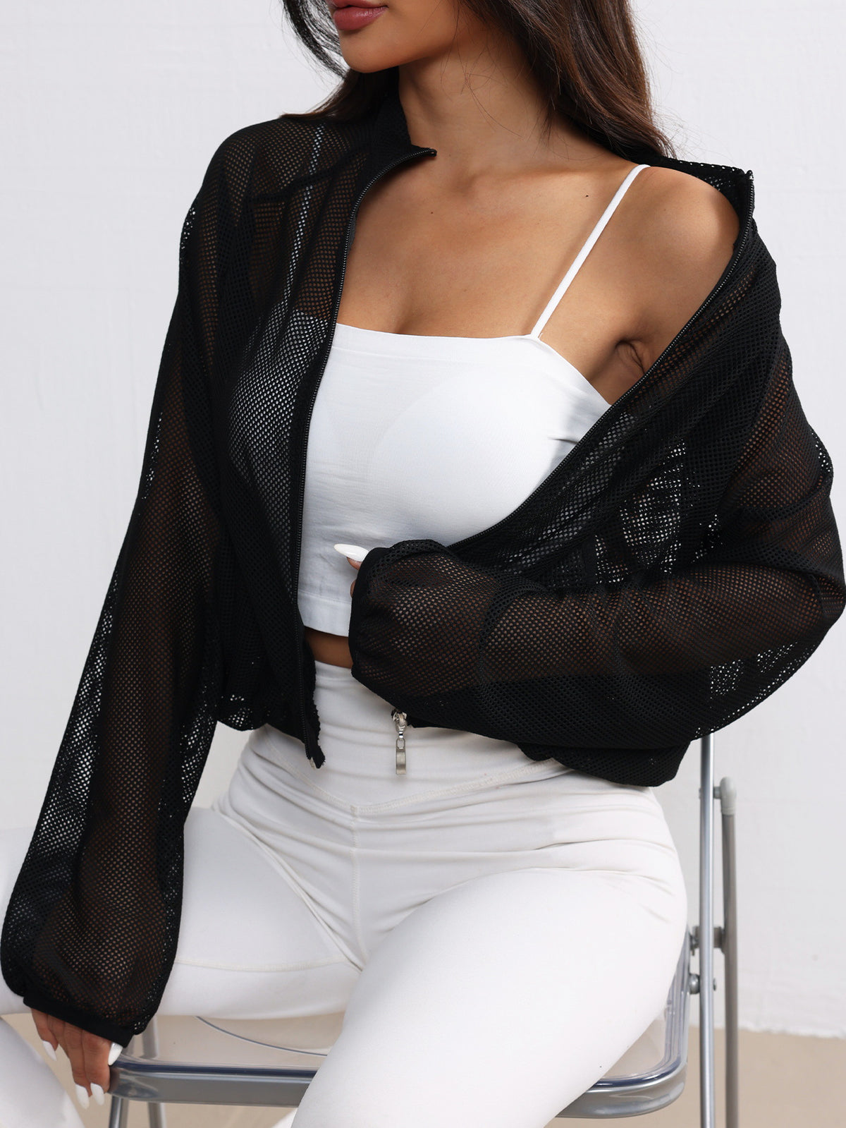 Cross-Border Yoga Jacket Mesh Sports Top Breathable Fashionable Versatile Simple Solid Color Lightweight Stylish Versatile