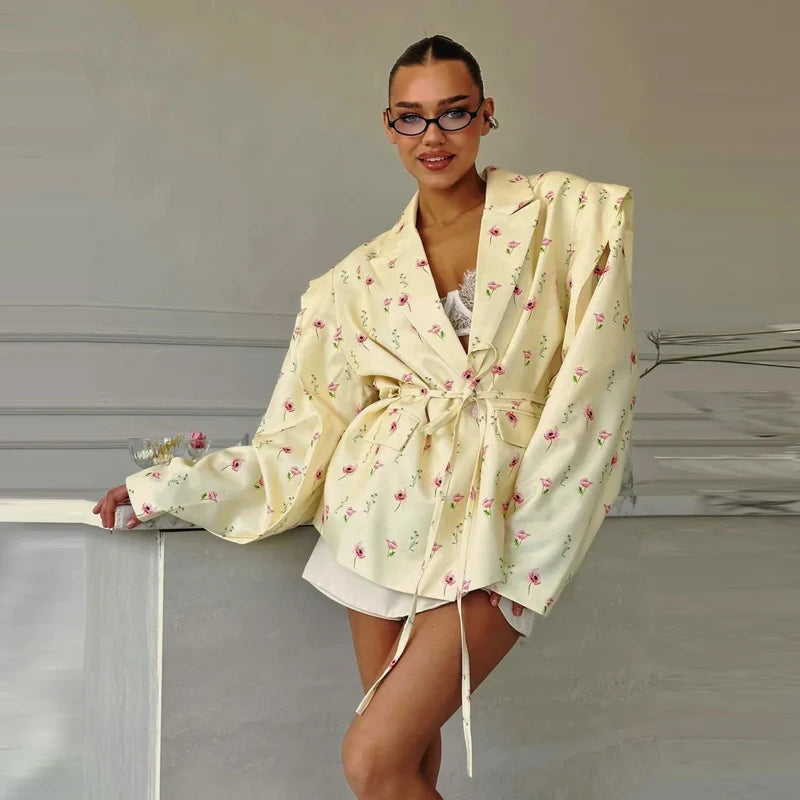 Floral Printed Blazer Jacket Women Fashion Lapel Long Sleeve Lace Up Waist Coats Autumn Lady Shoulder Pads Outerwear Blazer