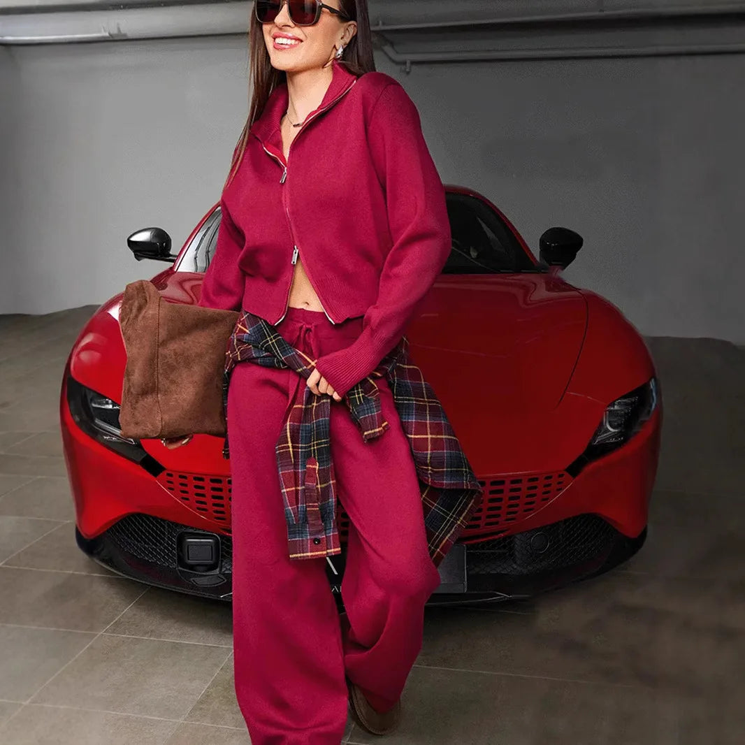 2025 Fall New Fashion Long Sleeve Zipper Sweater Cardigan Long Pants Athletic Two Piece Casual Cardigan Set Women