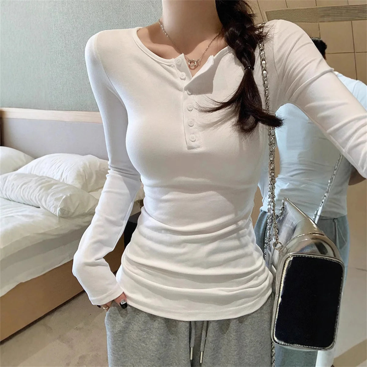 Women Fashion Slim Long Sleeve Shirts Button Solid Sexy Girl Pullover Tops Spring Fall Retro Simple T-shirt Casual Street Y2K