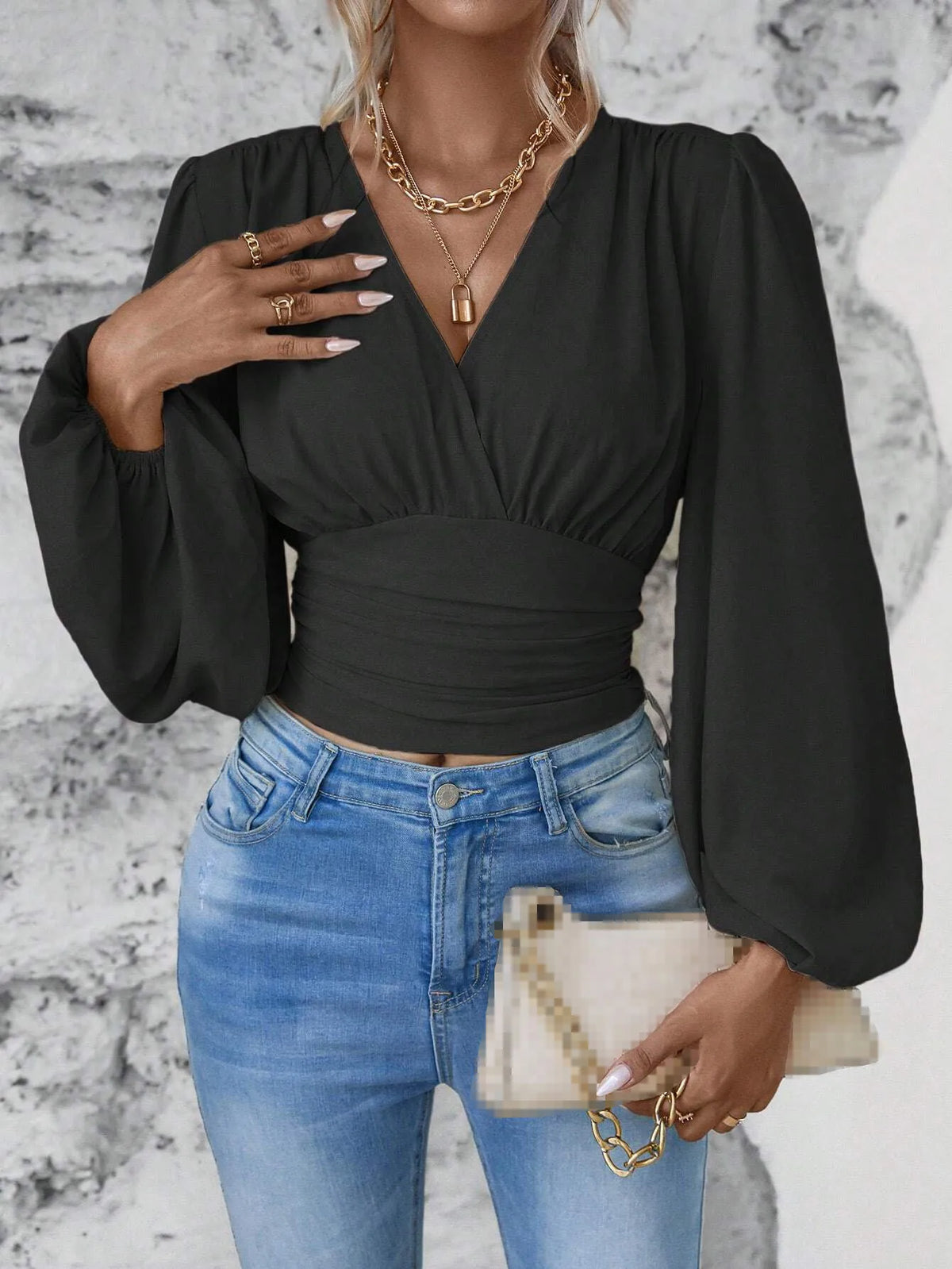 2024 Women's Spring Autumn New Fashionable Waist Collection Sexy V-neck Bag Sleeve Solid Color Wrinkled Long Sleeve Top