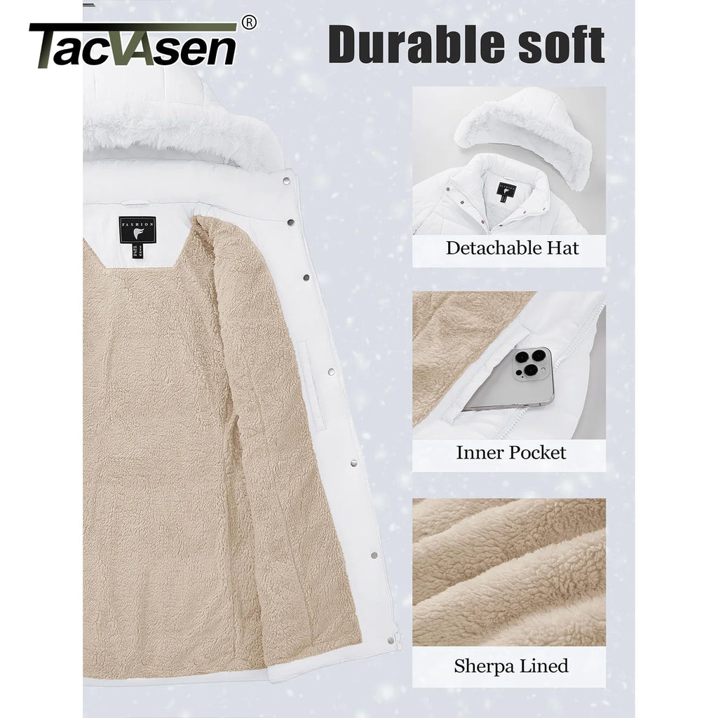 TACVASEN Womens Sherpa Lined Winter Coat Windproof Mid-Length Quilted Puffer Jacket Warm Parka Coat with Detachable Fur Hood