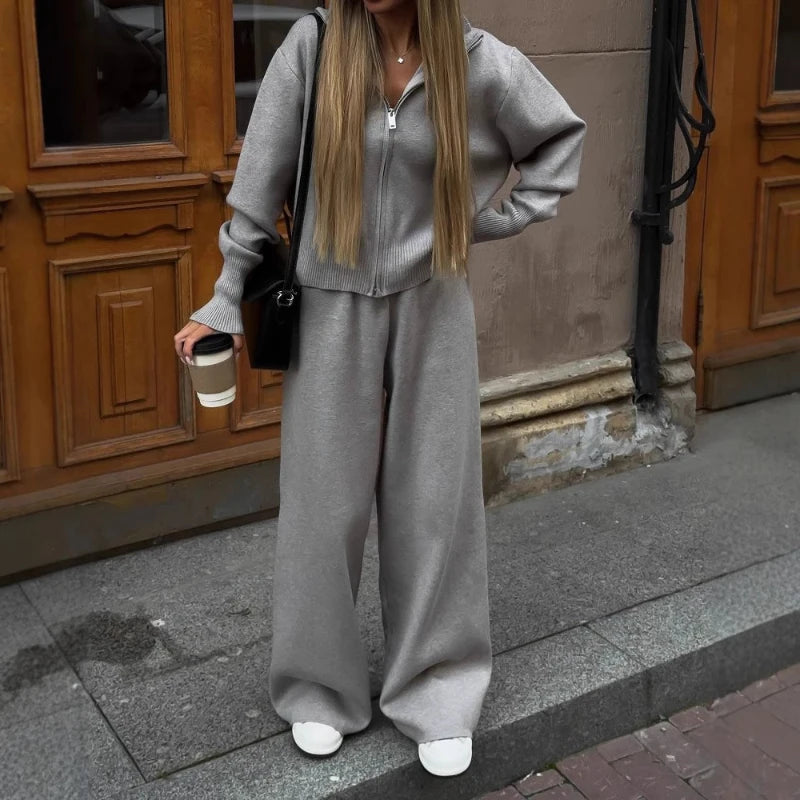 2025 Fall New Fashion Long Sleeve Zipper Sweater Cardigan Long Pants Athletic Two Piece Casual Cardigan Set Women