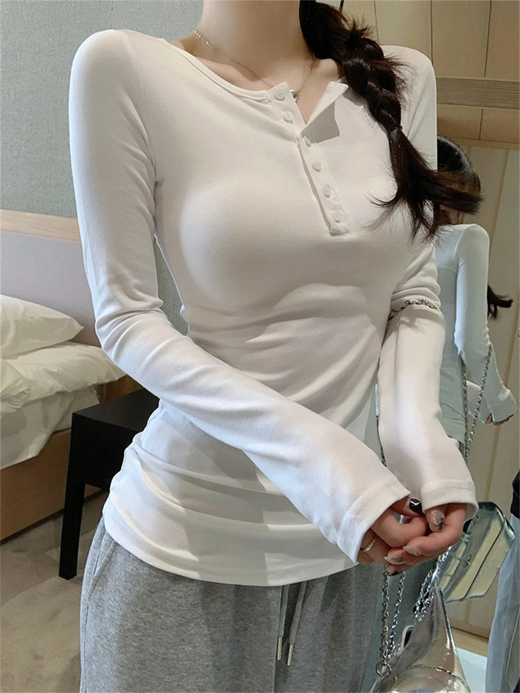 Women Fashion Slim Long Sleeve Shirts Button Solid Sexy Girl Pullover Tops Spring Fall Retro Simple T-shirt Casual Street Y2K