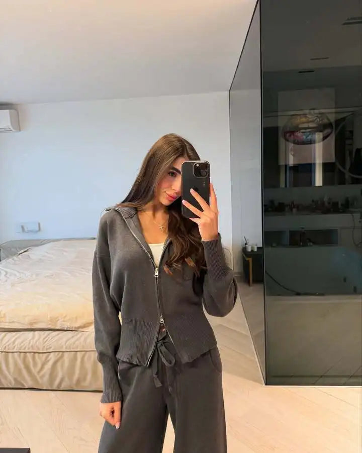 2025 Fall New Fashion Long Sleeve Zipper Sweater Cardigan Long Pants Athletic Two Piece Casual Cardigan Set Women