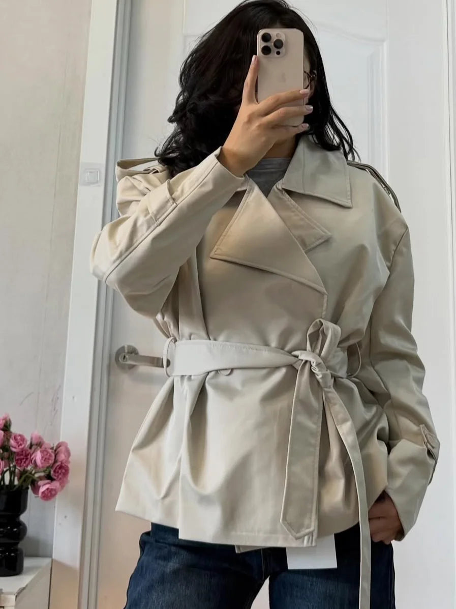 Solid Belted Waist Short Trench Coat Women Chic Wide Lapel Epaulet Detail Loose Long Sleeve Coats Fall Daily Commuter Outerwear