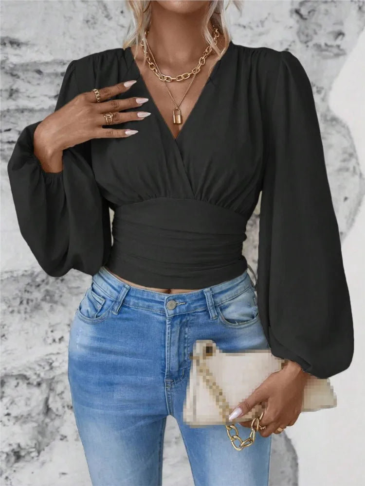 2024 Women's Spring Autumn New Fashionable Waist Collection Sexy V-neck Bag Sleeve Solid Color Wrinkled Long Sleeve Top