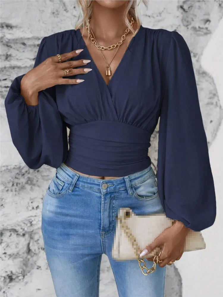 2024 Women's Spring Autumn New Fashionable Waist Collection Sexy V-neck Bag Sleeve Solid Color Wrinkled Long Sleeve Top