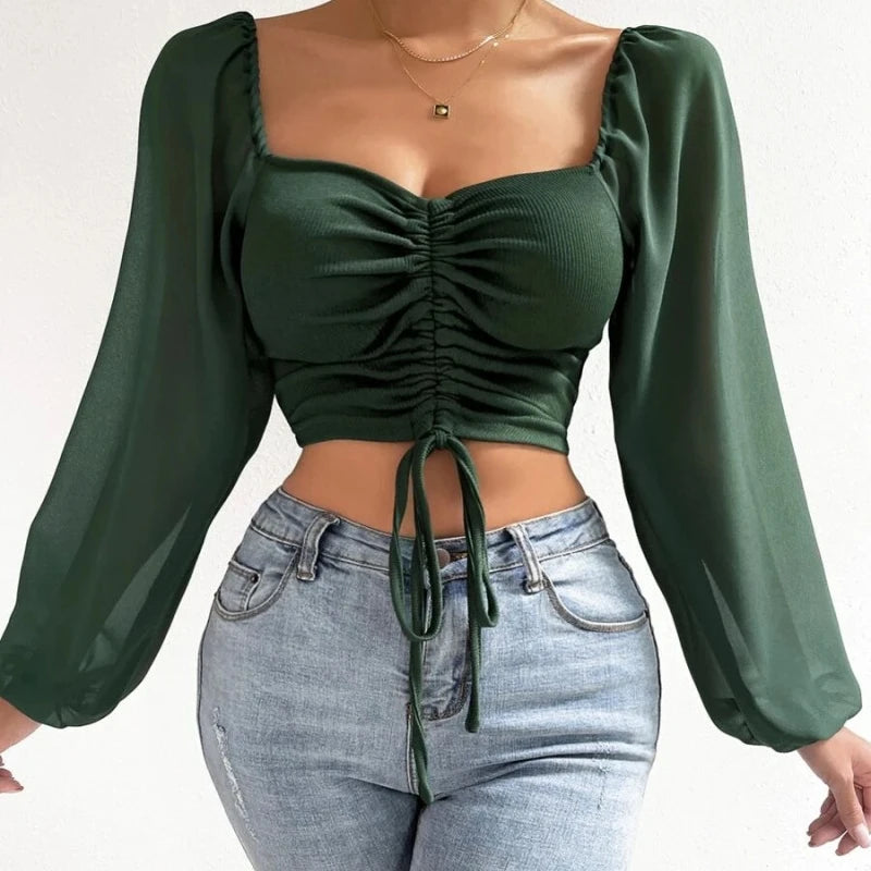 Woman Chiffon Knit Tshirts Long Puff Sleeve Sexy Close-Fitting T-shirt Spring Autumn V-neck New Fashion Solid Simple Tops Tees