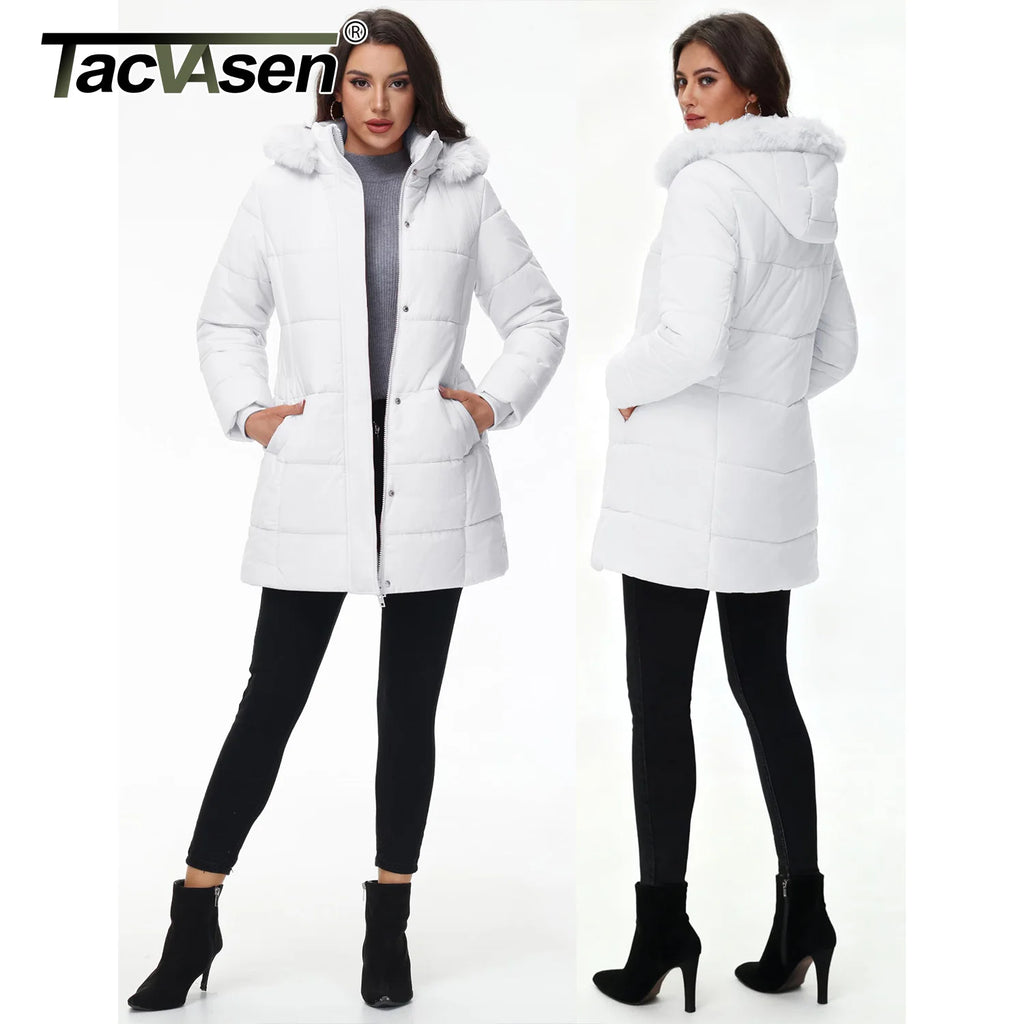 TACVASEN Womens Sherpa Lined Winter Coat Windproof Mid-Length Quilted Puffer Jacket Warm Parka Coat with Detachable Fur Hood