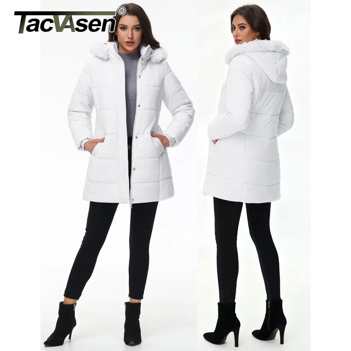 TACVASEN Womens Sherpa Lined Winter Coat Windproof Mid-Length Quilted Puffer Jacket Warm Parka Coat with Detachable Fur Hood