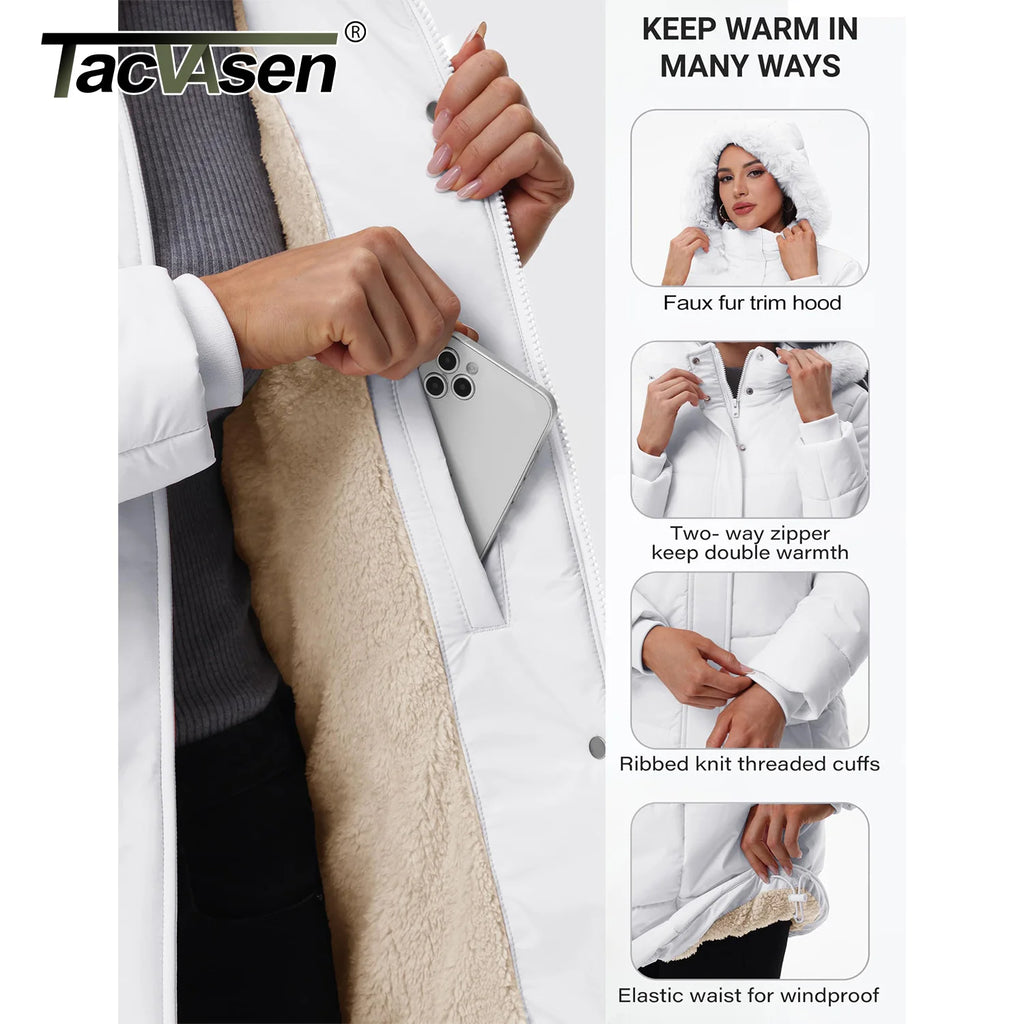 TACVASEN Womens Sherpa Lined Winter Coat Windproof Mid-Length Quilted Puffer Jacket Warm Parka Coat with Detachable Fur Hood