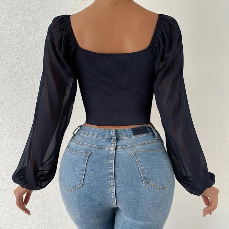 Woman Chiffon Knit Tshirts Long Puff Sleeve Sexy Close-Fitting T-shirt Spring Autumn V-neck New Fashion Solid Simple Tops Tees