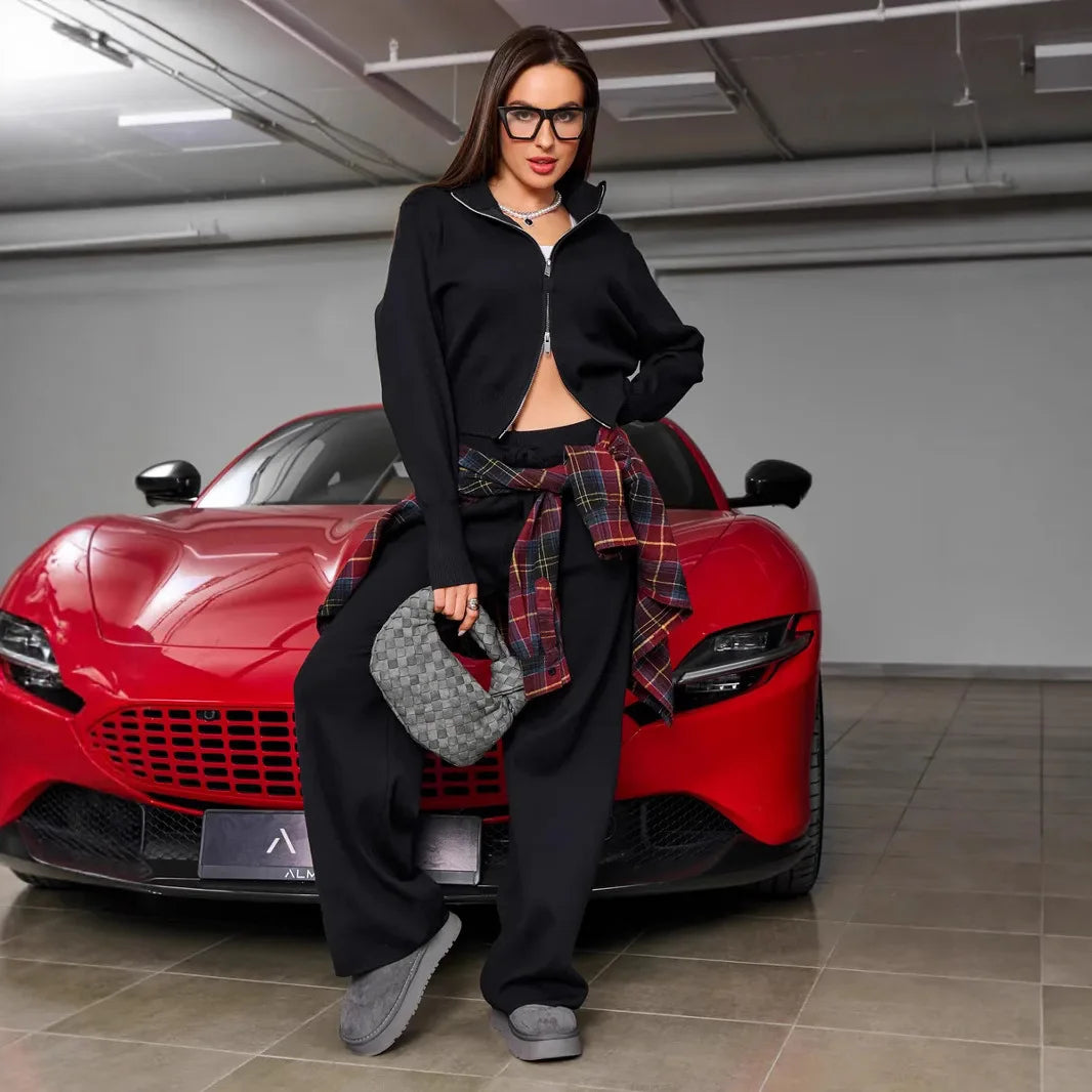 2025 Fall New Fashion Long Sleeve Zipper Sweater Cardigan Long Pants Athletic Two Piece Casual Cardigan Set Women