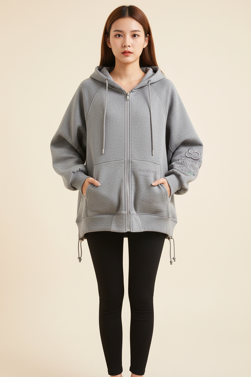 Female model wearing gray hoodie, front view